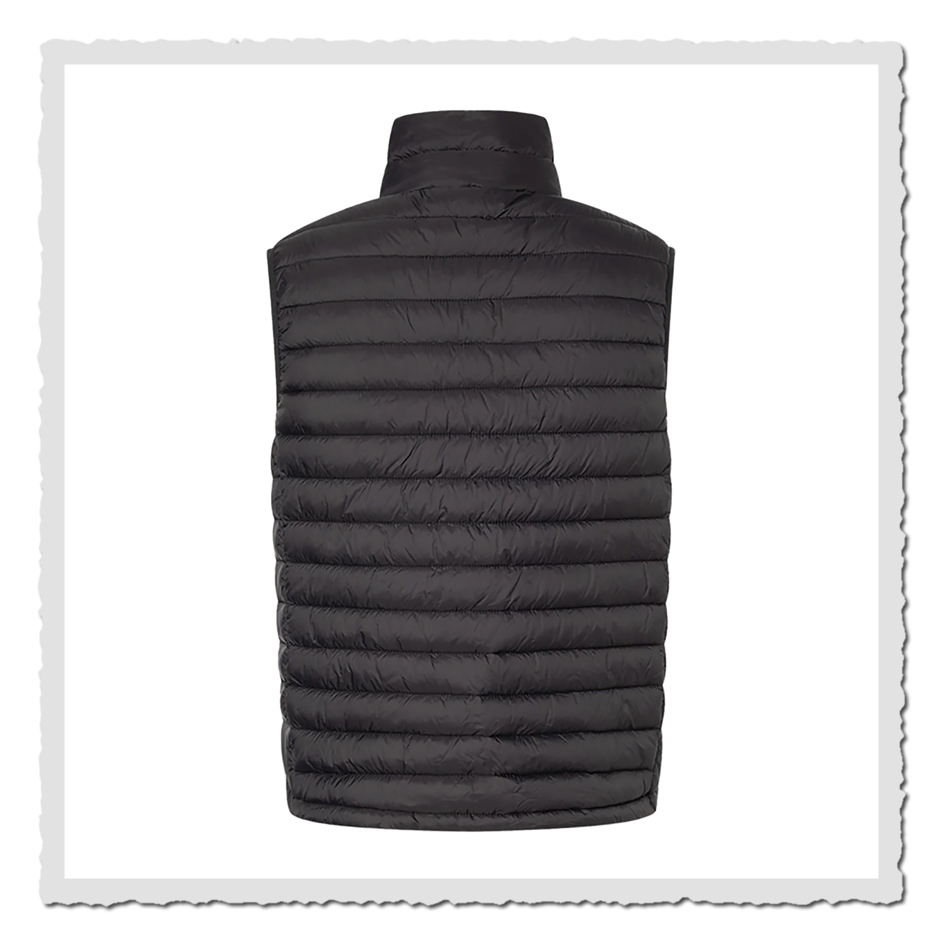 Schwarze gesteppte Weste, Rückenansicht freigestellt auf weißem Hintergrund, horizontal gesteppt.